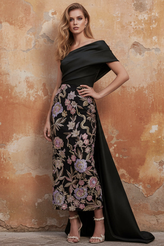 Floral Evening Dress Taffeta One-Shoulder Sleeveless Ankle-Length With Back Bow Embroidery
