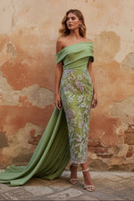 Floral Evening Dress Taffeta One-Shoulder Sleeveless Ankle-Length With Back Bow Embroidery