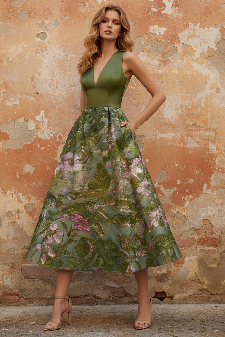 Elegant Cocktail Dress Jacquard Floral Dress Tea-Length Sleeveless V Neck Wedding Guest Dress with Pockets