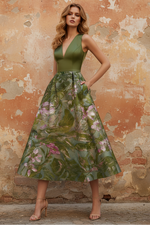Elegant Cocktail Dress Jacquard Floral Dress Tea-Length Sleeveless V Neck Wedding Guest Dress with Pockets
