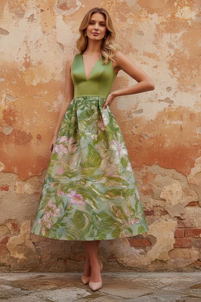 Elegant Cocktail Dress Jacquard Floral Dress Tea-Length Sleeveless V Neck Wedding Guest Dress with Pockets
