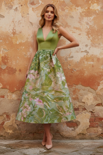 Elegant Cocktail Dress Jacquard Floral Dress Tea-Length Sleeveless V Neck Wedding Guest Dress with Pockets