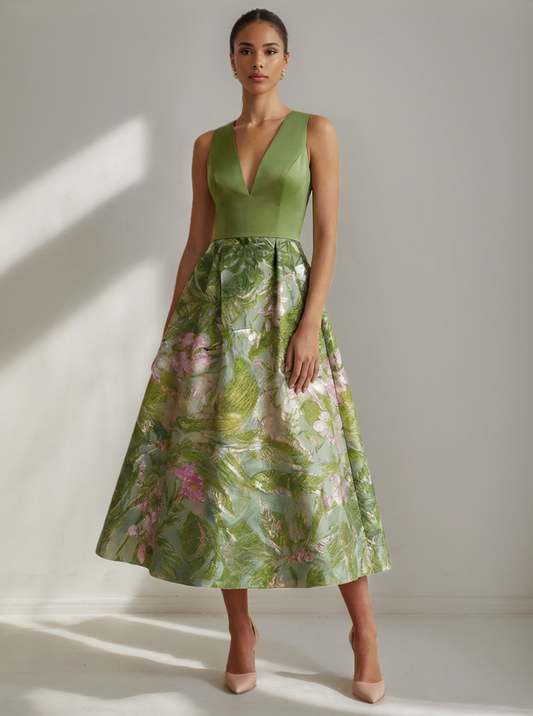 Elegant Cocktail Dress Jacquard Floral Dress Tea-Length Sleeveless V Neck Wedding Guest Dress with Pockets