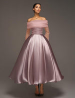 A Line Cocktail Dress Detachable With Shawl Ankle Length Elegant Dresses Formal Wedding Long Sleeve Off Shoulder Satin Dress
