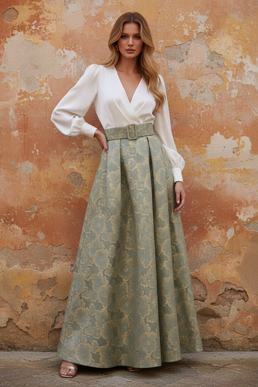 A-Line Evening Dress Floral High Split Formal Gown Jacquard Wedding Guest Floor Length Long Sleeve V Neck Belt / Sash Satin with Slits