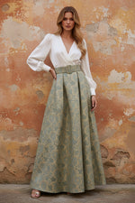 A-Line Evening Dress Floral High Split Formal Gown Jacquard Wedding Guest Floor Length Long Sleeve V Neck Belt / Sash Satin with Slits