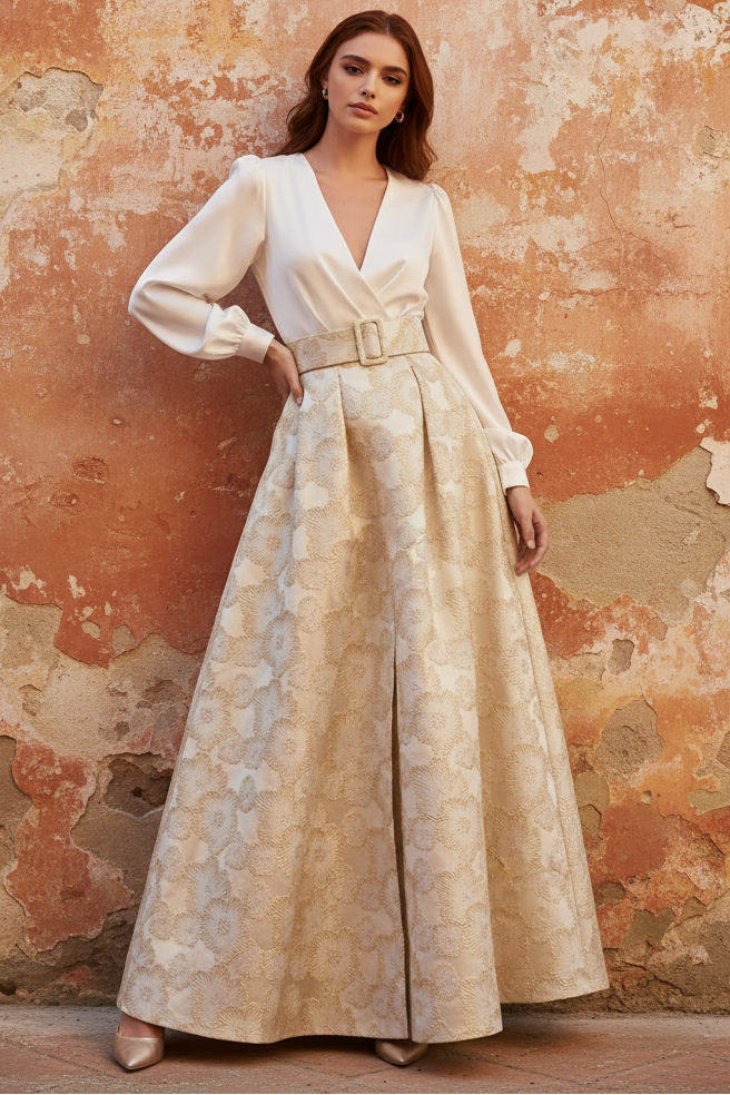 A-Line Evening Dress Floral High Split Formal Gown Jacquard Wedding Guest Floor Length Long Sleeve V Neck Belt / Sash Satin with Slits