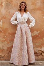 A-Line Evening Dress Floral High Split Formal Gown Jacquard Wedding Guest Floor Length Long Sleeve V Neck Belt / Sash Satin with Slits