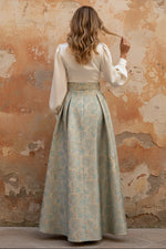 A-Line Evening Dress Floral High Split Formal Gown Jacquard Wedding Guest Floor Length Long Sleeve V Neck Belt / Sash Satin with Slits