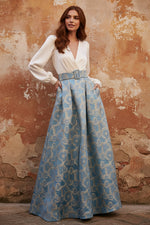 A-Line Evening Dress Floral High Split Formal Gown Jacquard Wedding Guest Floor Length Long Sleeve V Neck Belt / Sash Satin with Slits