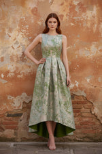 A-Line Cocktail Dress Elegant Jacquard Floral Dress High Low Tea Length Sleeveless Round Neck with Pocket Wedding Guest Dress
