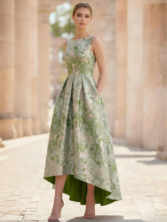A-Line Cocktail Dress Elegant Jacquard Floral Dress High Low Tea Length Sleeveless Round Neck with Pocket Wedding Guest Dress