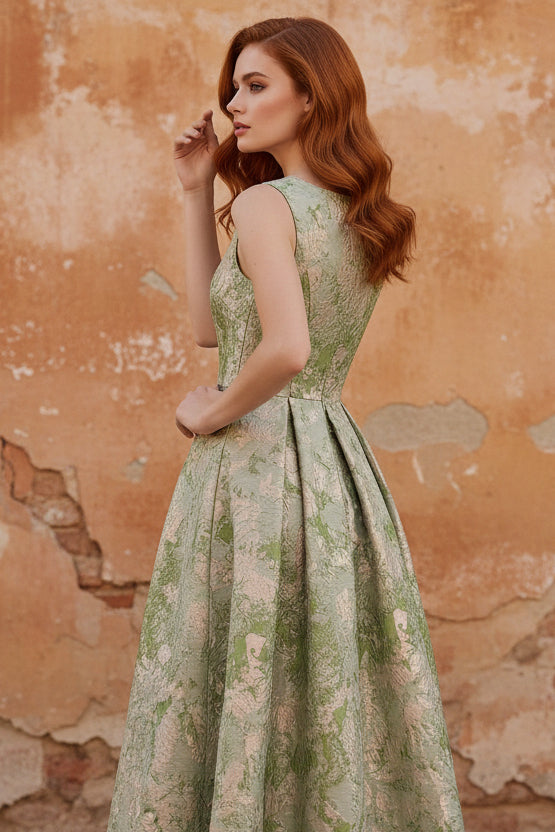 A-Line Cocktail Dress Elegant Jacquard Floral Dress High Low Tea Length Sleeveless Round Neck with Pocket Wedding Guest Dress