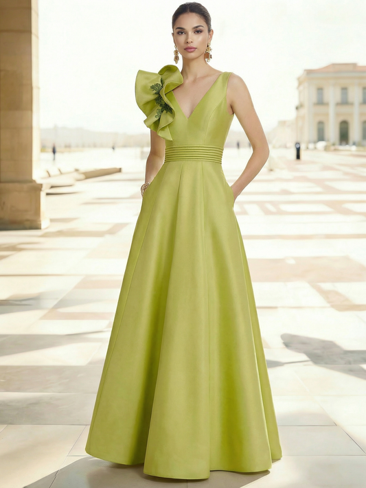 Elegant Evening Dresses Satin One Shoulder Floor-Length Formal Dress With Shoulder Oversized Ruffled Edges