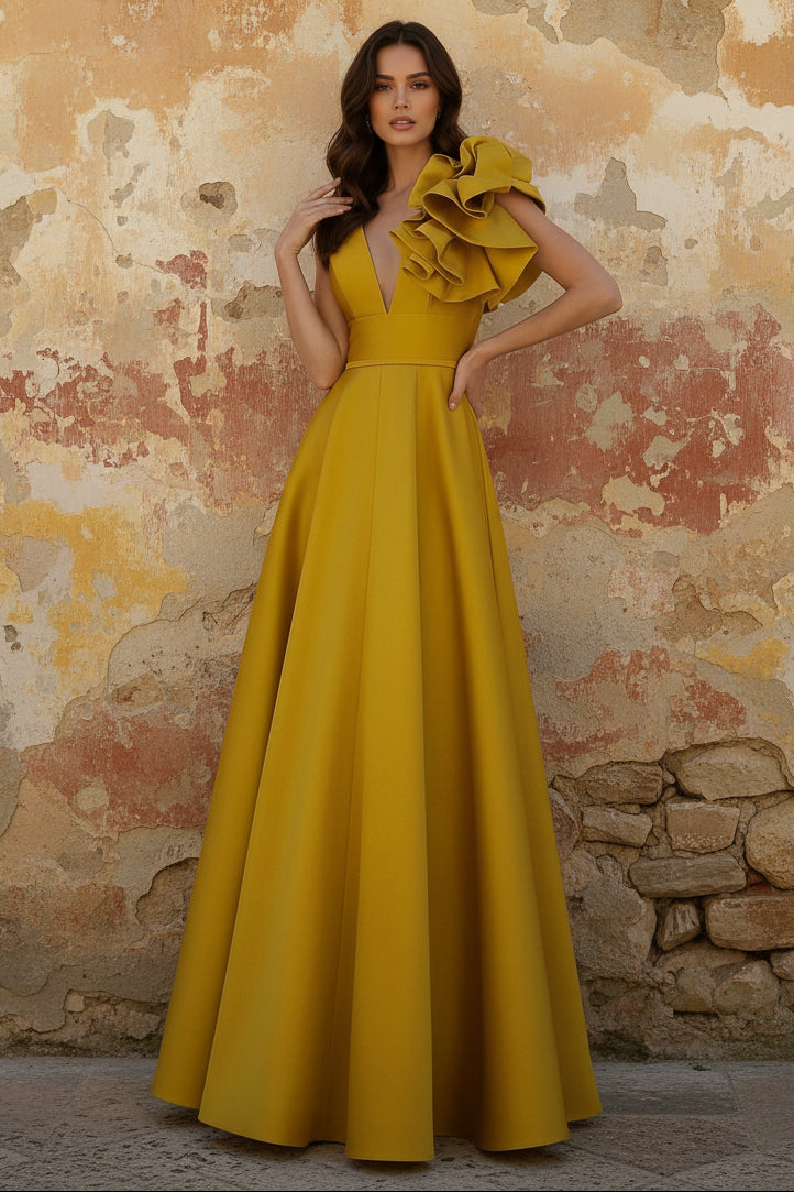 Elegant Evening Dresses Satin V-Neck Floor-Length Formal Evening Grown With Shoulder Oversized Ruffled Edges