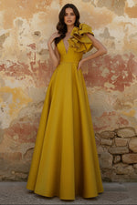 Elegant Evening Dresses Satin V-Neck Floor-Length Formal Evening Grown With Shoulder Oversized Ruffled Edges