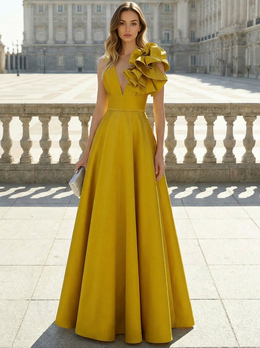 Elegant Evening Dresses Satin V-Neck Floor-Length Formal Evening Grown With Shoulder Oversized Ruffled Edges