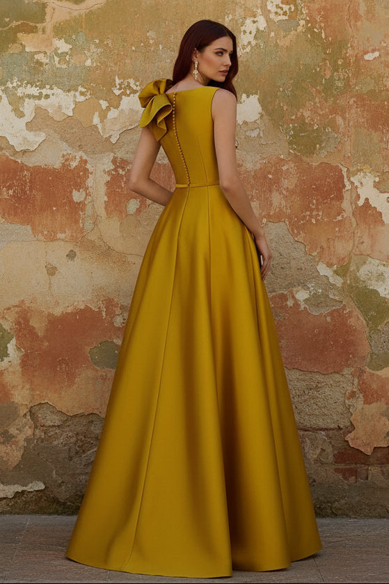 Elegant Evening Dresses Satin V-Neck Floor-Length Formal Evening Grown With Shoulder Oversized Ruffled Edges