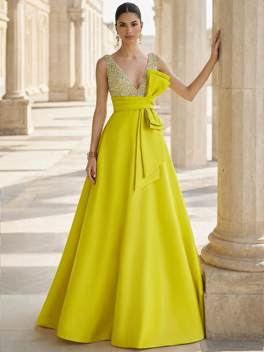 A-Line Formal Evening Dresses Floor-Length Deep V-Neck Elegant Formal Evening Gown with Bowknot Waistband&Sequins