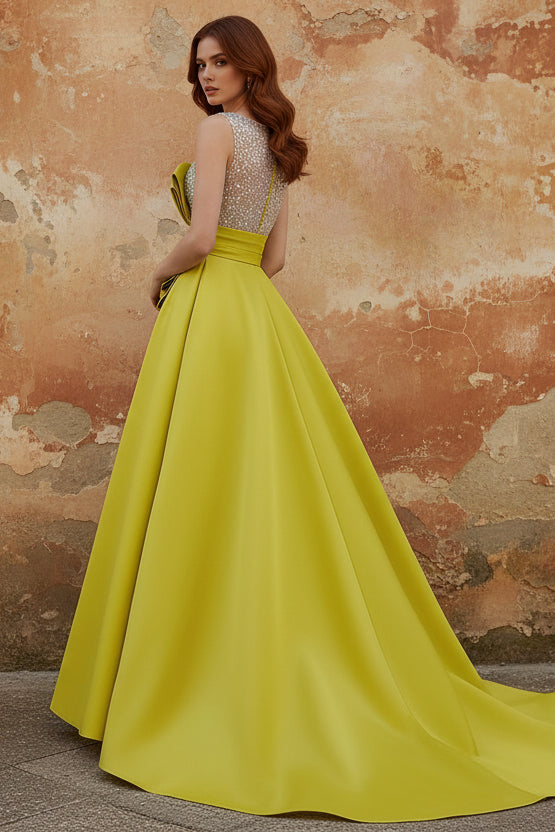 A-Line Formal Evening Dresses Floor-Length Deep V-Neck Elegant Formal Evening Gown with Bowknot Waistband&Sequins