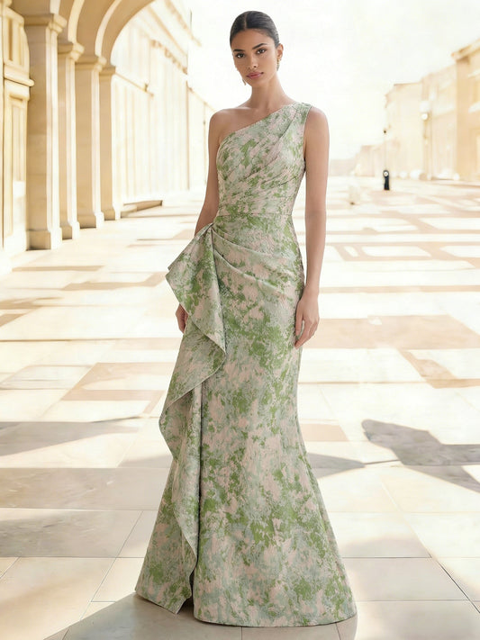Evening Gown Elegant Jacquard Floral Dress Prom Floor Length Sleeveless One Shoulder Ruffle with Slid Split Green Wedding Guest Dress
