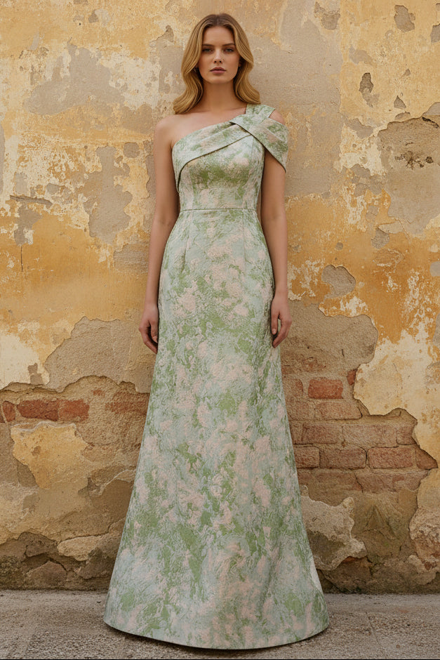A-Line Evening Gown Elegant Jacquard Floral Dress Prom Floor Length Sleeveless One Shoulder with Slit Pocket Sage Wedding Guest Dress Keyhole