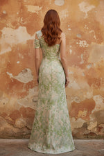 A-Line Evening Gown Elegant Jacquard Floral Dress Prom Floor Length Sleeveless One Shoulder with Slit Pocket Sage Wedding Guest Dress Keyhole