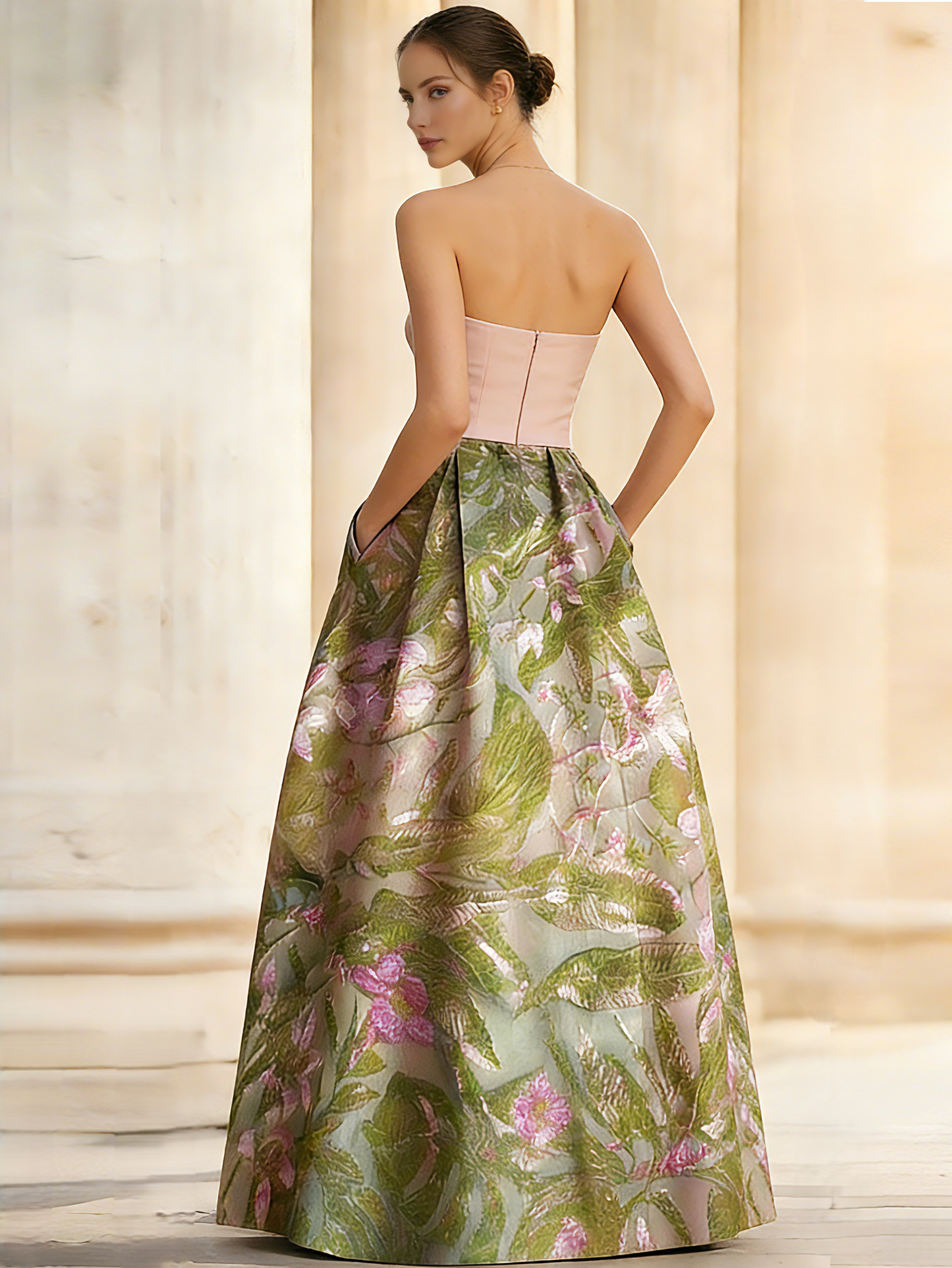 Elegant Evening Dress Jacquard Floral Dress Strapless Elegant Dress Floor Length Pockets