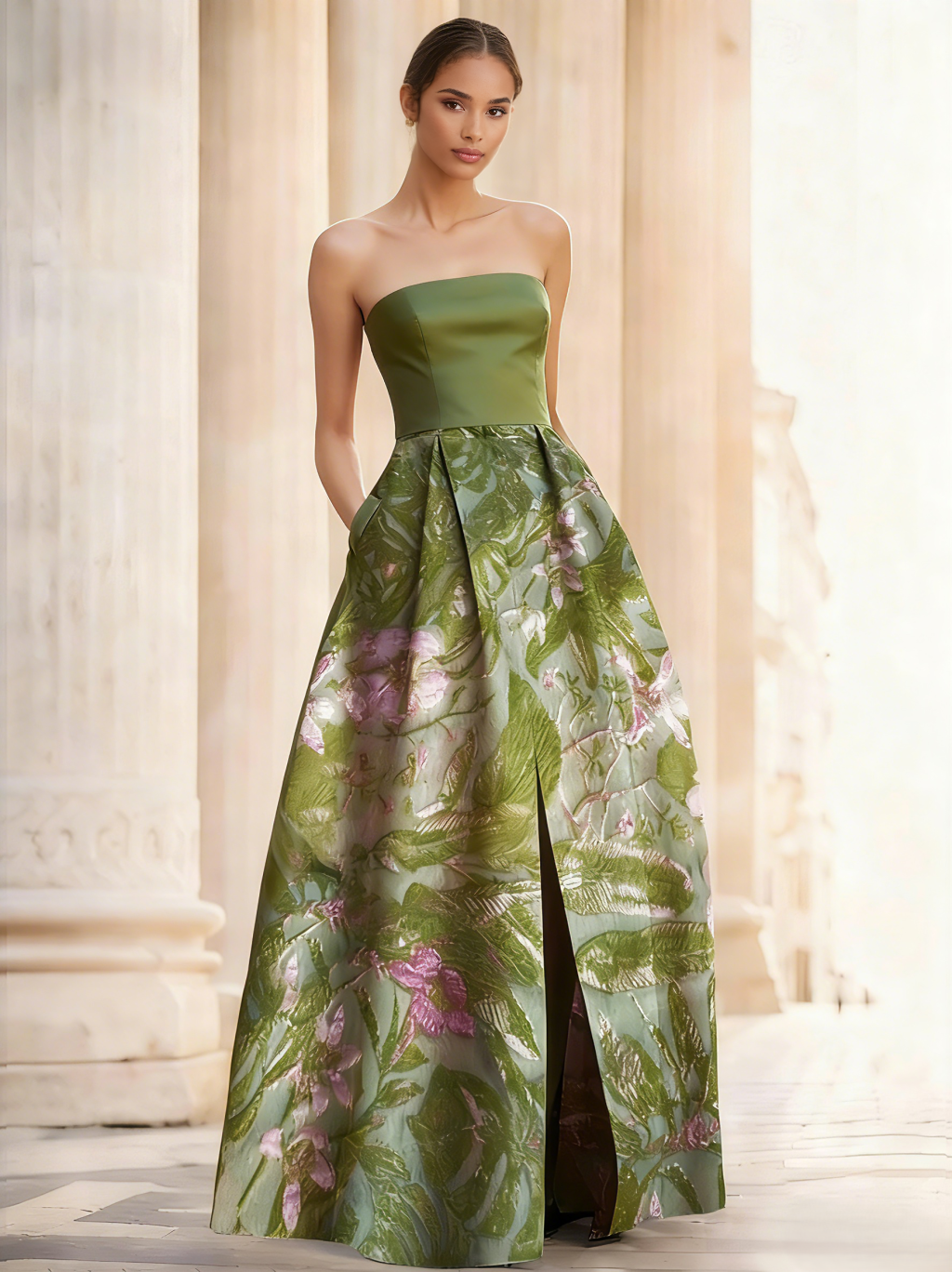Elegant Evening Dress Jacquard Floral Dress Strapless Elegant Dress Floor Length Pockets