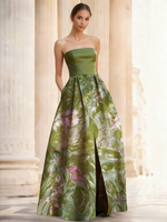 Elegant Evening Dress Jacquard Floral Dress Strapless Elegant Dress Floor Length Pockets