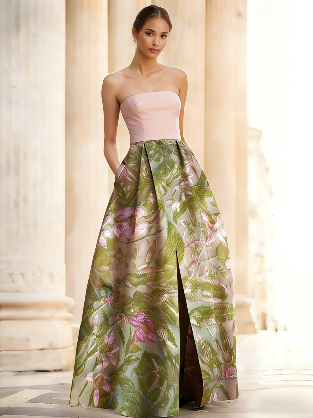 Elegant Evening Dress Jacquard Floral Dress Strapless Elegant Dress Floor Length Pockets