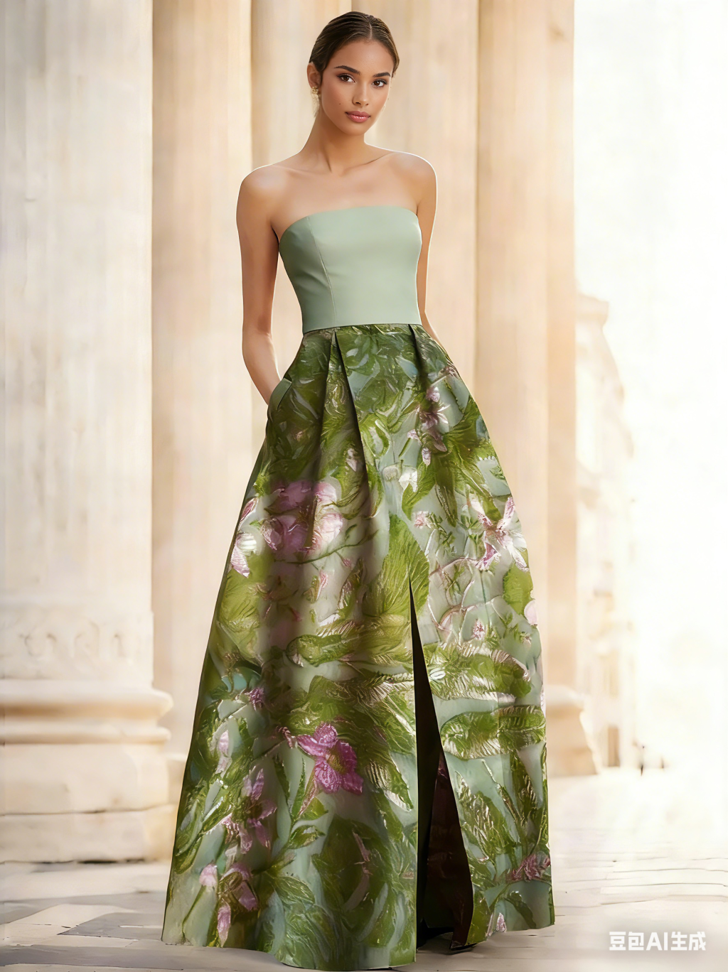 Elegant Evening Dress Jacquard Floral Dress Strapless Elegant Dress Floor Length Pockets
