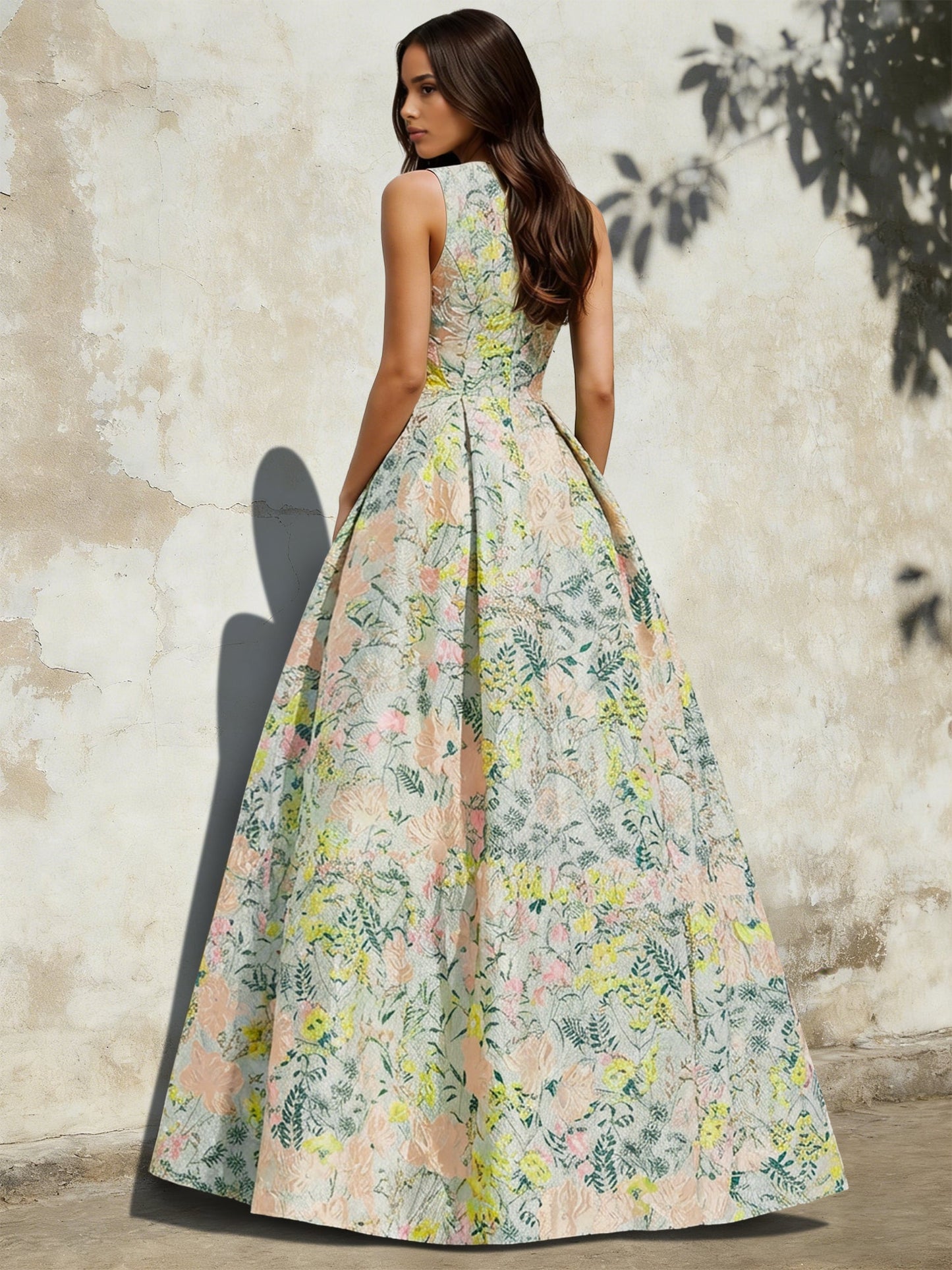 A-Line Evening Gown Elegant Jacquard Floral Dress Prom Floor Length Sleeveless V Neck with Slit Pocket Sage Wedding Guest Dress