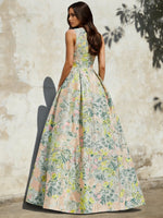 A-Line Evening Gown Elegant Jacquard Floral Dress Prom Floor Length Sleeveless V Neck with Slit Pocket Sage Wedding Guest Dress