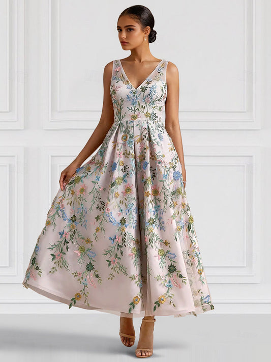 Elegant Cocktail Dress V Neck Tea-Length Floral Embroiery Dress Formal Wedding Guest