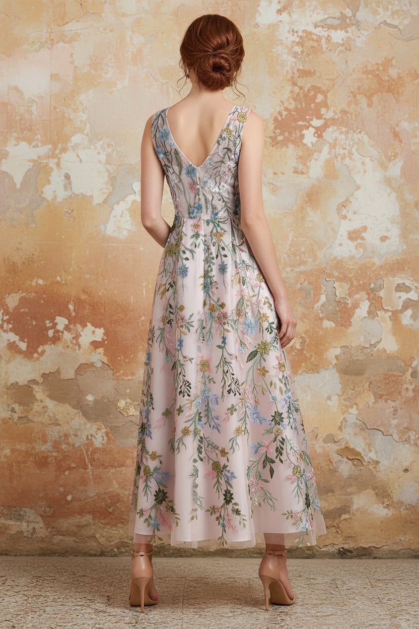 Elegant Cocktail Dress V Neck Tea-Length Floral Embroiery Dress Formal Wedding Guest