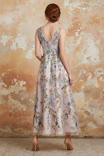 Elegant Cocktail Dress V Neck Tea-Length Floral Embroiery Dress Formal Wedding Guest