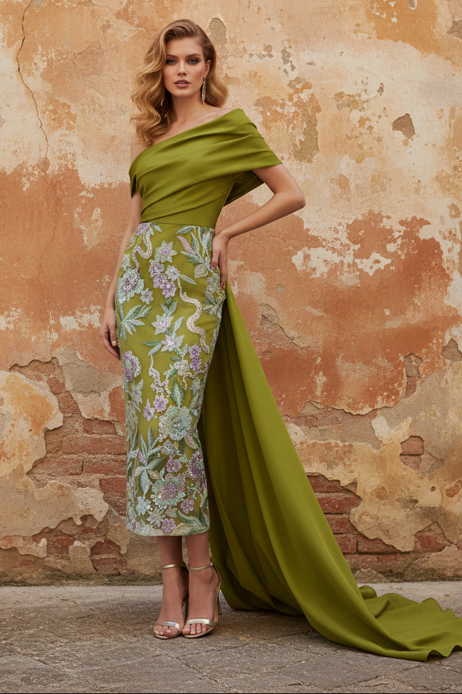 Floral Evening Dress Taffeta One-Shoulder Sleeveless Ankle-Length With Back Bow Embroidery