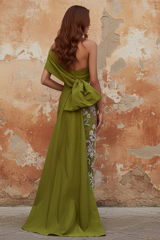 Floral Evening Dress Taffeta One-Shoulder Sleeveless Ankle-Length With Back Bow Embroidery