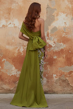 Floral Evening Dress Taffeta One-Shoulder Sleeveless Ankle-Length With Back Bow Embroidery