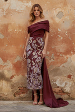 Floral Evening Dress Taffeta One-Shoulder Sleeveless Ankle-Length With Back Bow Embroidery