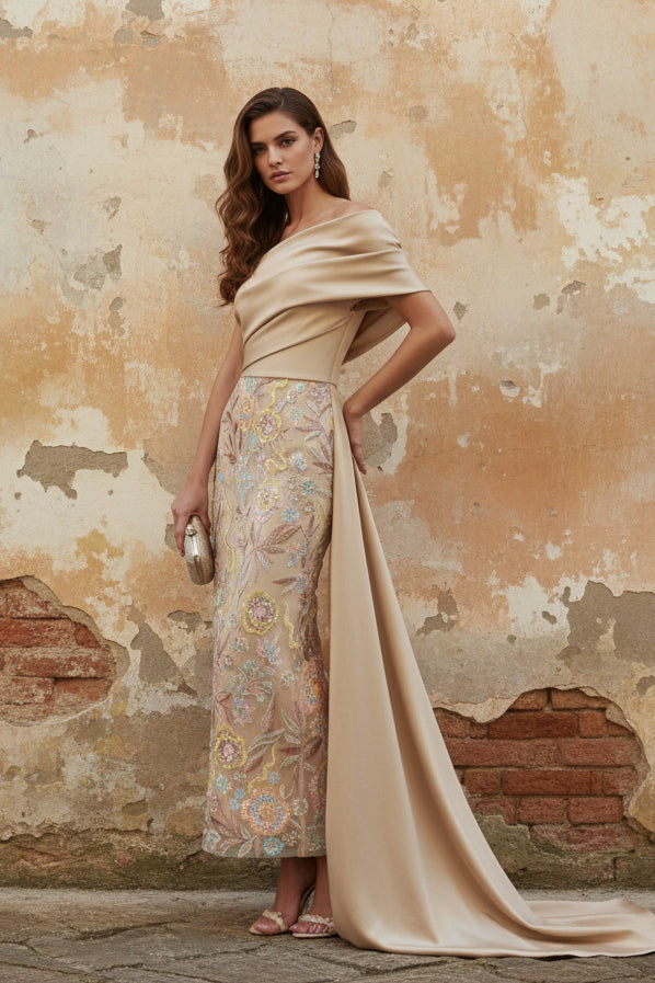 Floral Evening Dress Taffeta One-Shoulder Sleeveless Ankle-Length With Back Bow Embroidery