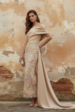 Floral Evening Dress Taffeta One-Shoulder Sleeveless Ankle-Length With Back Bow Embroidery