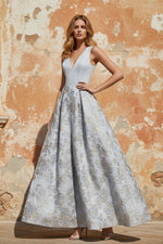 A-Line Evening Gown Elegant Jacquard Floral Dress Floor Length Sleeveless V Neck with Slit Pocket Dusty Blue Wedding Guest Dress