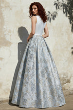 A-Line Evening Gown Elegant Jacquard Floral Dress Floor Length Sleeveless V Neck with Slit Pocket Dusty Blue Wedding Guest Dress