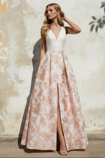 A-Line Evening Gown Elegant Jacquard Floral Dress Floor Length Sleeveless V Neck with Slit Pocket Dusty Blue Wedding Guest Dress
