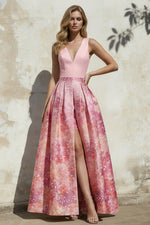 A-Line Evening Gown Elegant Jacquard Floral Dress Floor Length Sleeveless V Neck with Slit Pocket Dusty Blue Wedding Guest Dress