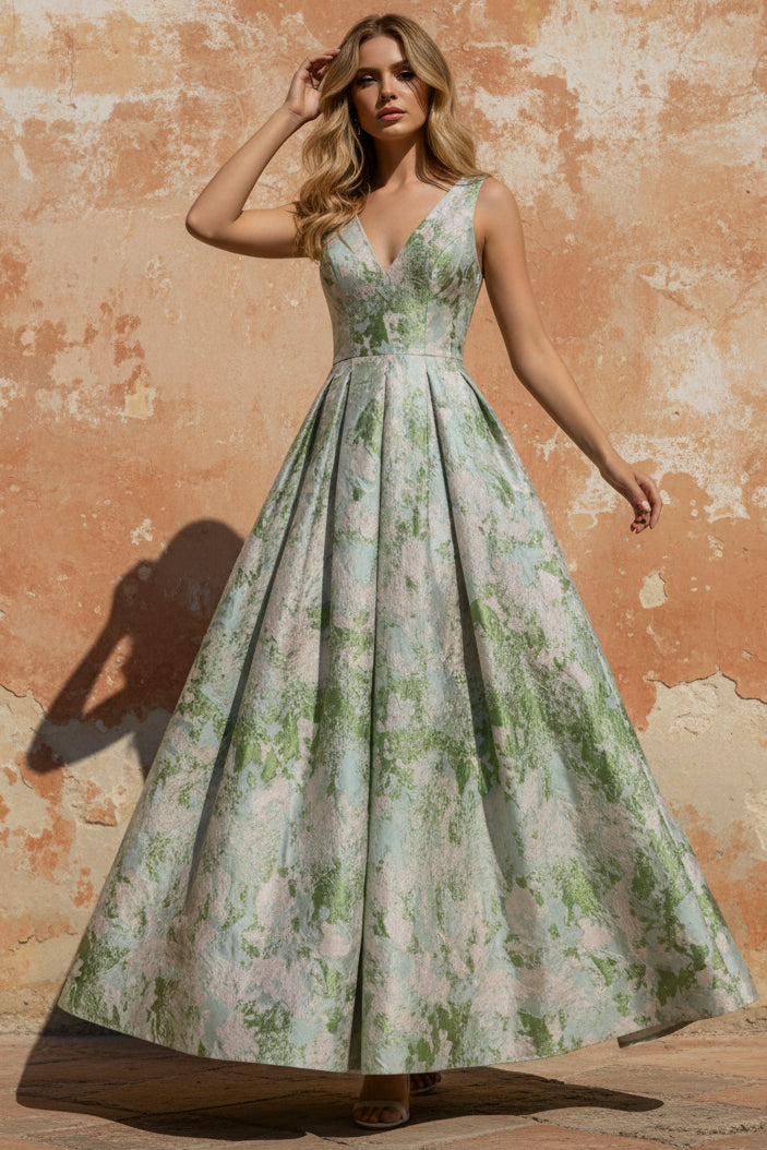 A-Line Evening Gown Elegant Jacquard Floral Dress Floor Length Sleeveless V Neck with Pocket Blue Wedding Guest Dress