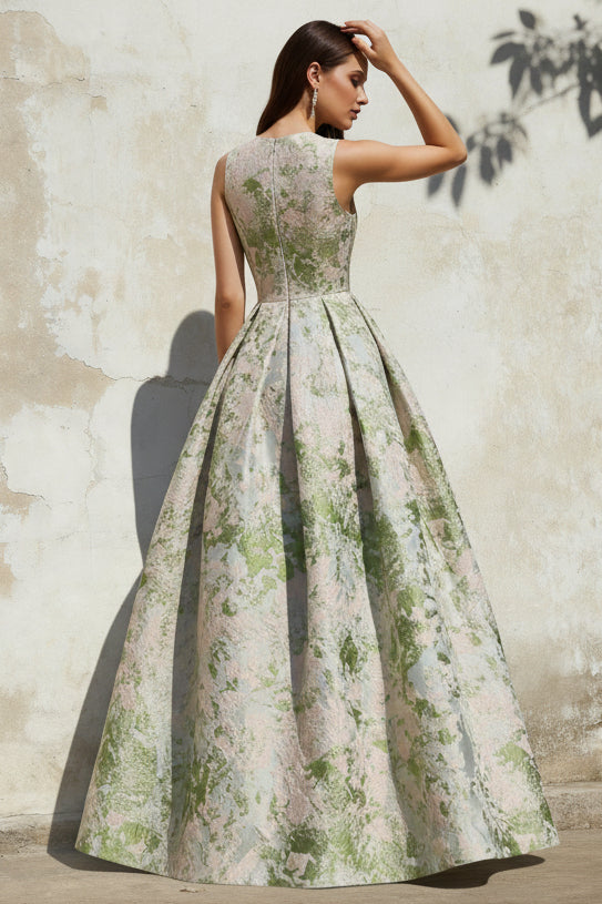 A-Line Evening Gown Elegant Jacquard Floral Dress Floor Length Sleeveless V Neck with Pocket Blue Wedding Guest Dress