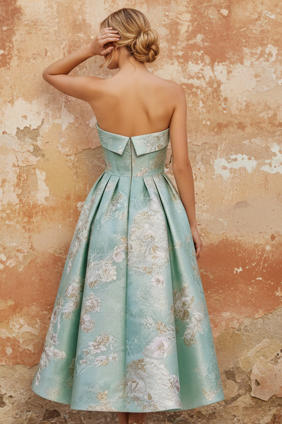 Elegant Cocktail Dress Strapless Tea-Length Floral Jacquard Dress Formal Wedding Guest